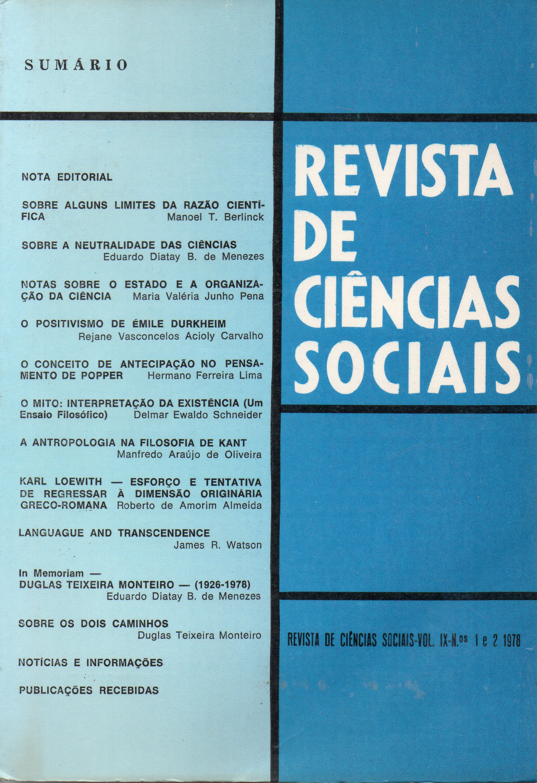 					View Vol. 9 No. 1 e 2 (1978): Ciência, Mito e Filosofia
				