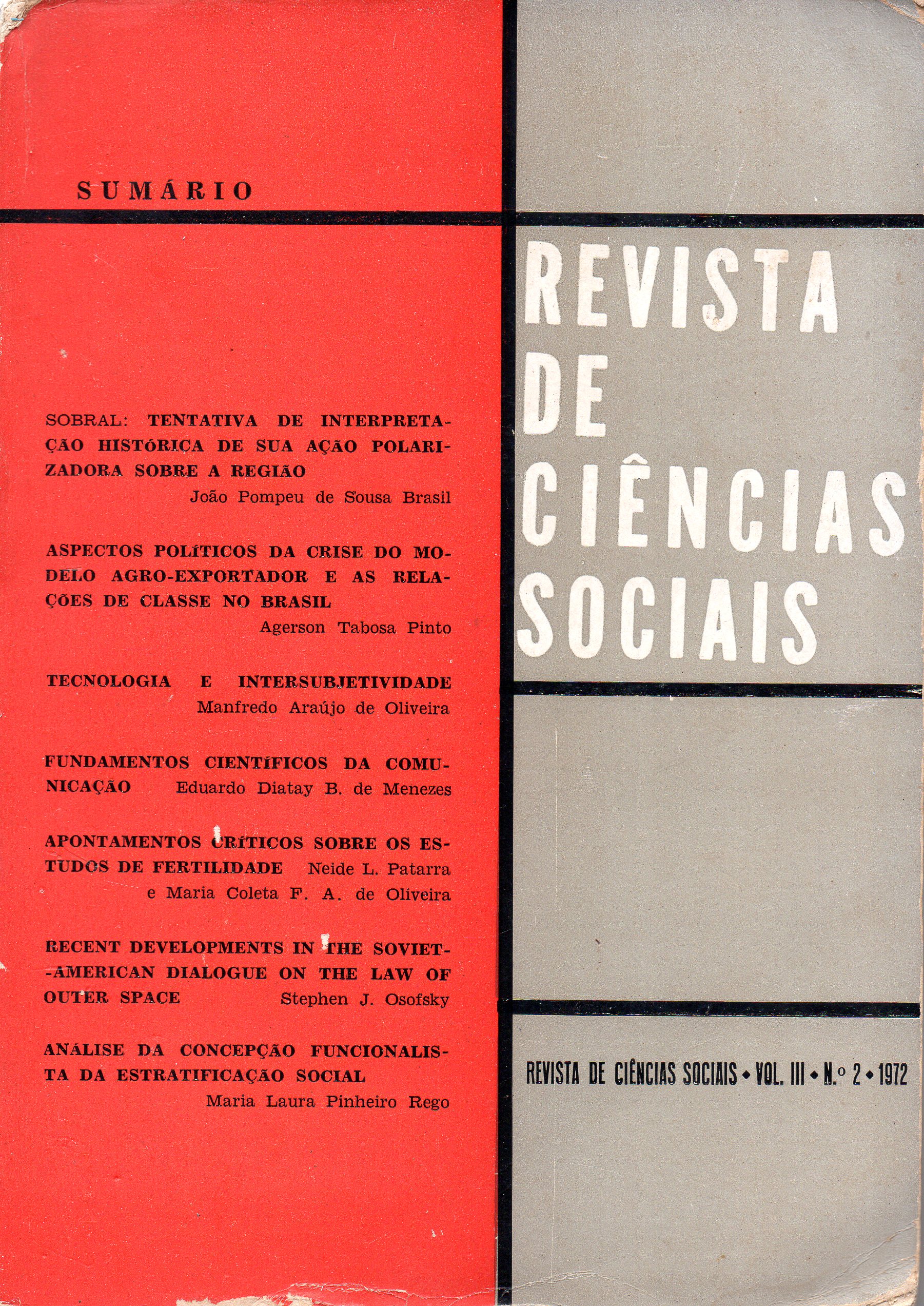 					View Vol. 3 No. 2 (1972): Revista de Ciências Sociais
				