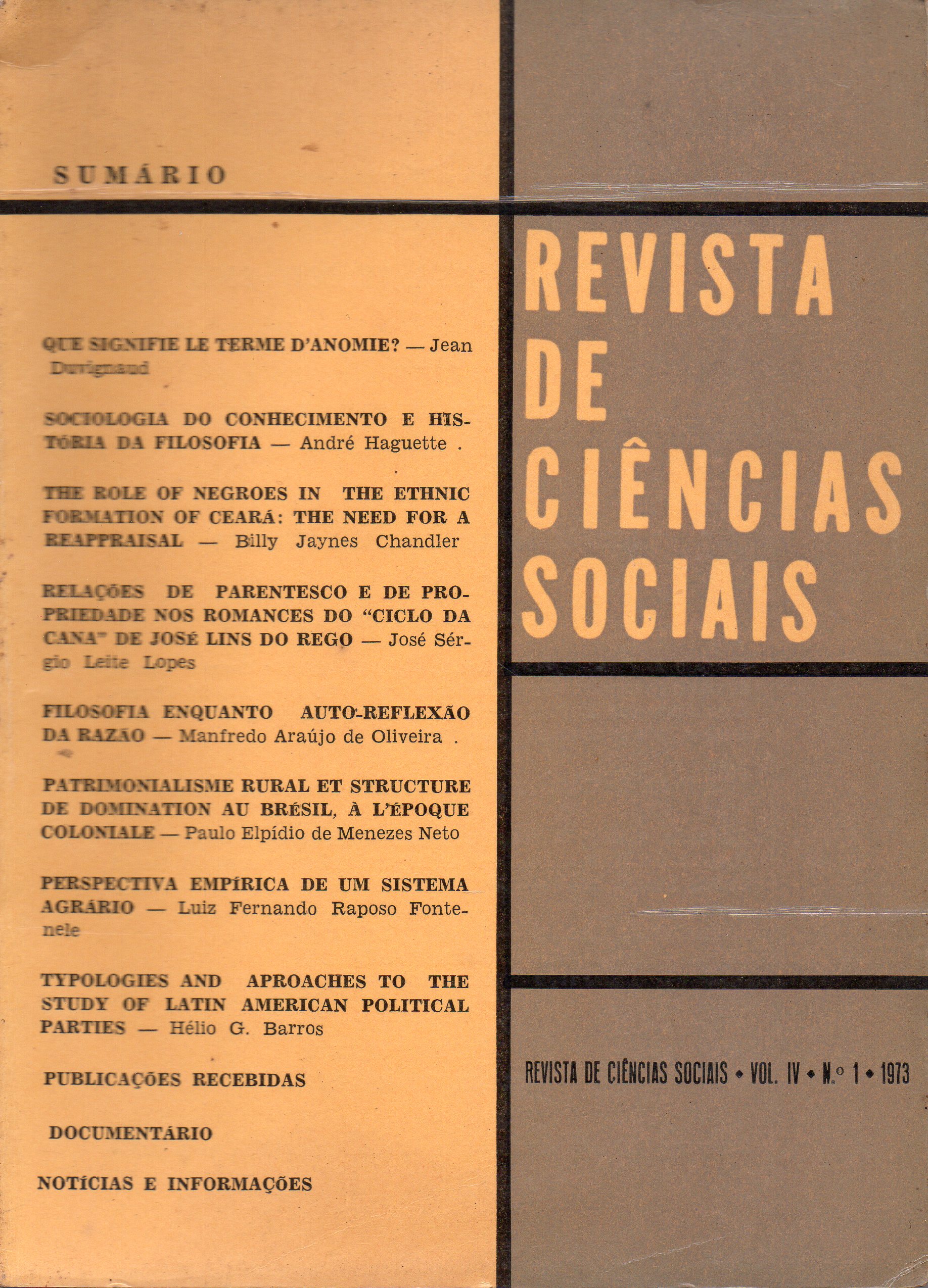 					View Vol. 4 No. 1 (1973): Revista de Ciências Sociais
				